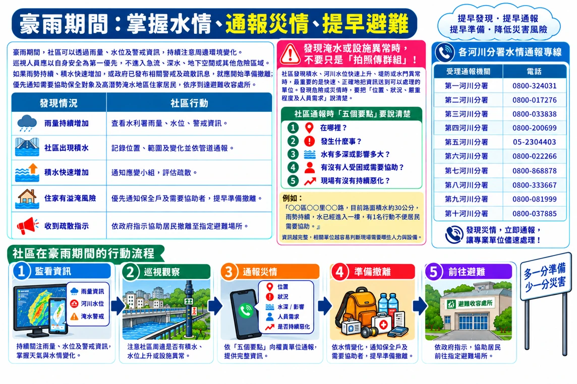 豪雨期間社區的五步驟行動流程與通報五要點