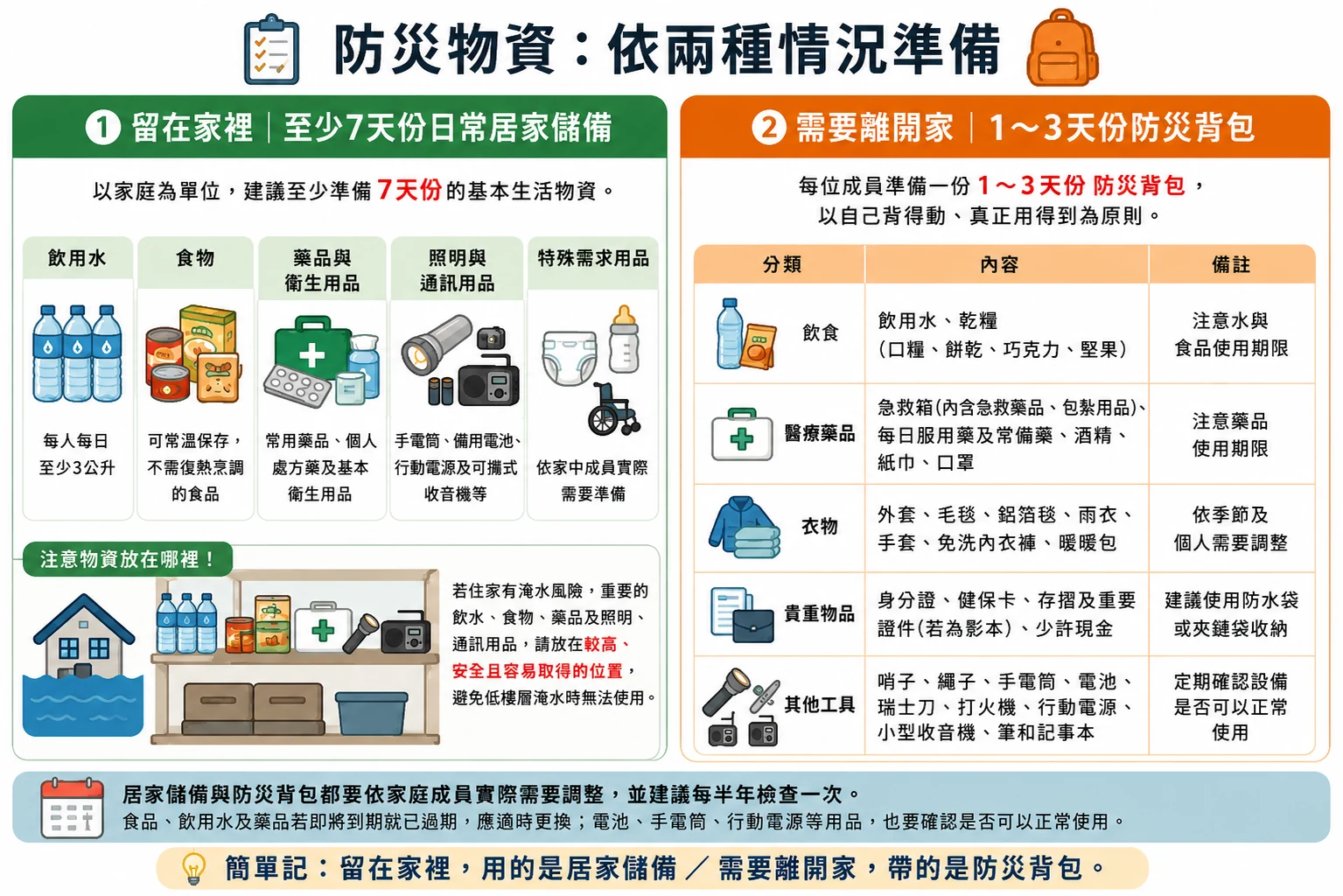 防災物資分為留在家裡的居家儲備與需要離開家的防災背包
