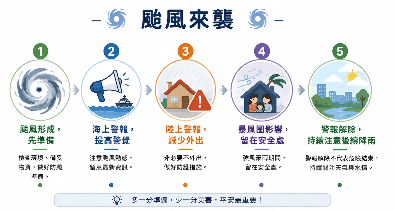 颱風來襲五階段:颱風形成、海上警報、陸上警報、暴風圈影響、警報解除