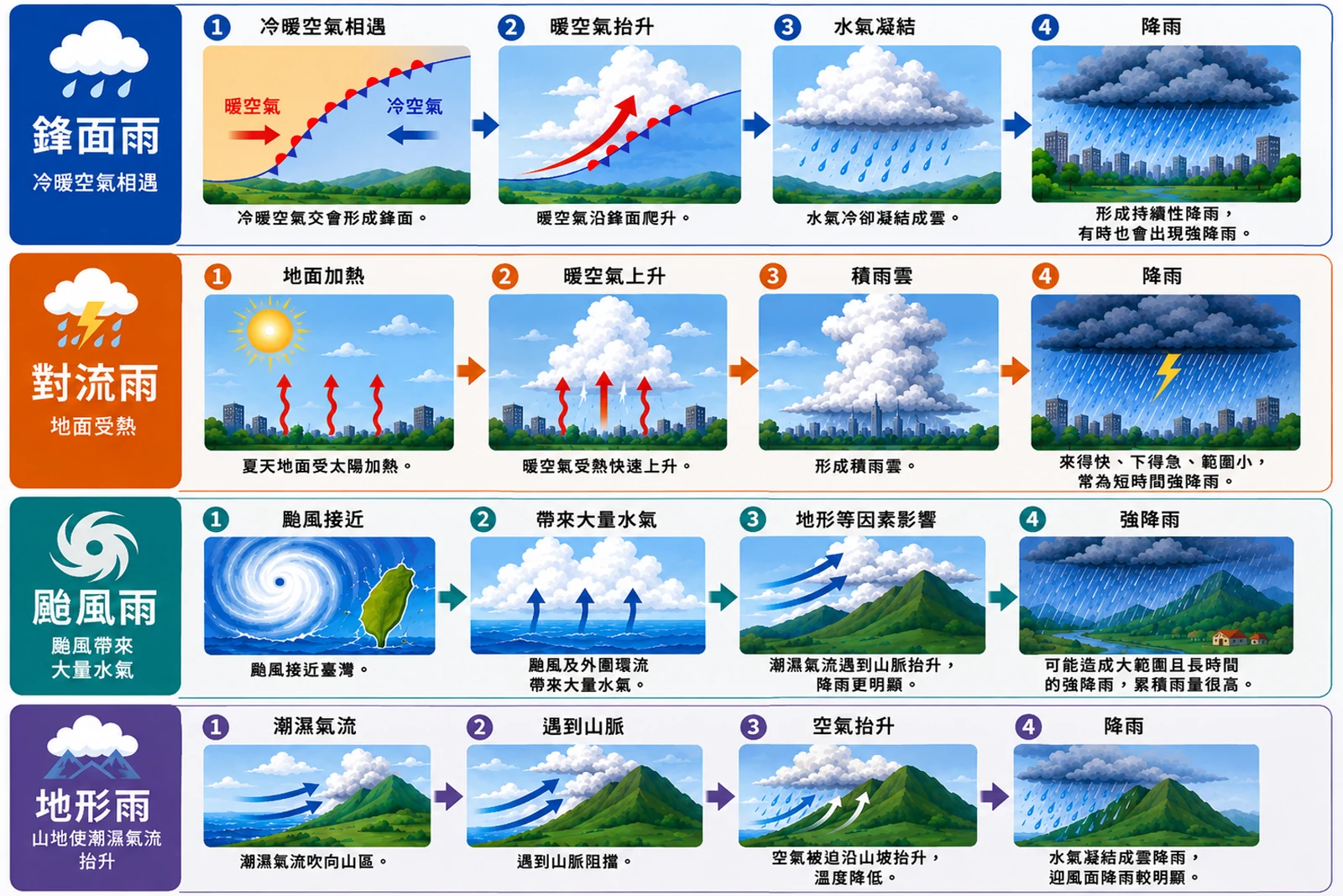鋒面雨、對流雨、颱風雨、地形雨四種降雨的形成過程