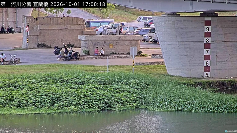 宜蘭橋 CCTV 即時影像，右側橋墩設有紅白相間的量水標尺