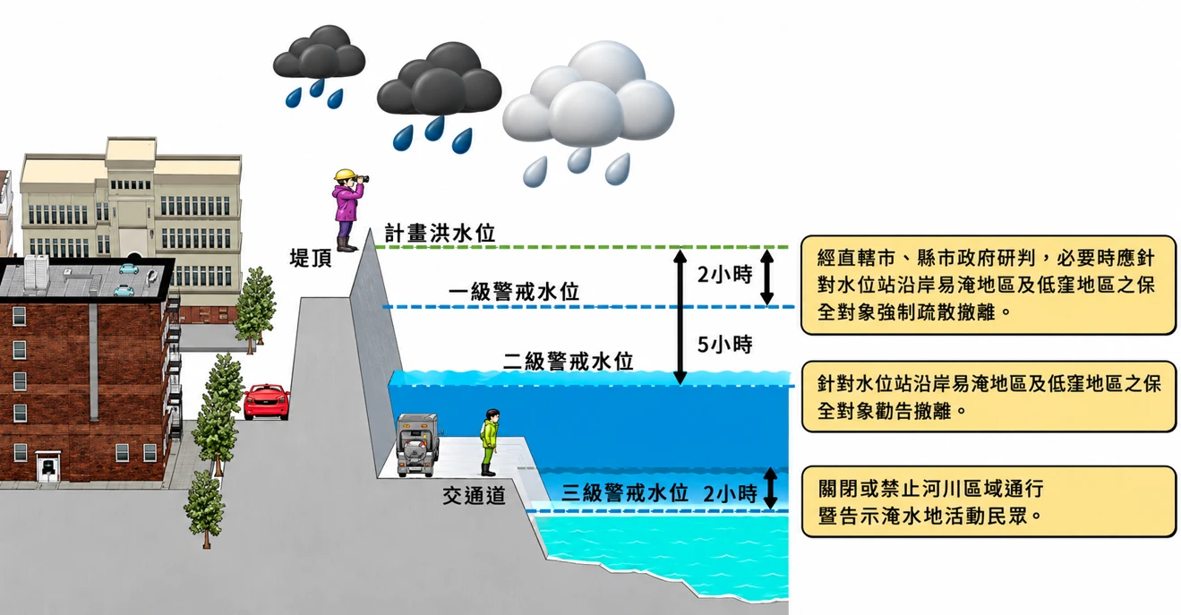 河川水位三級警戒示意圖:三級警戒水位對應高灘地、二級與一級警戒水位對應計畫洪水位